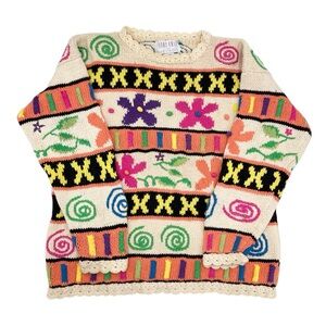Vintage 90s Hand Knit for The Limited Colorful Retro Flower Knit Sweater Size PS